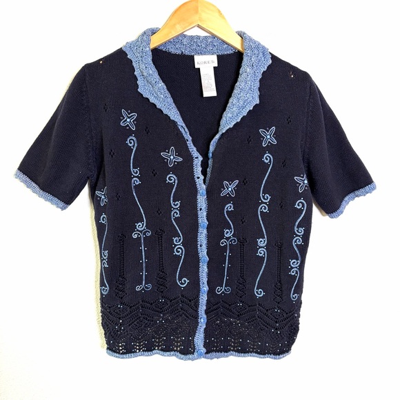 Koret Sweaters - Crochet cottagecore sweater knit top Koret Blue Textured Knit Cardigan cotton S